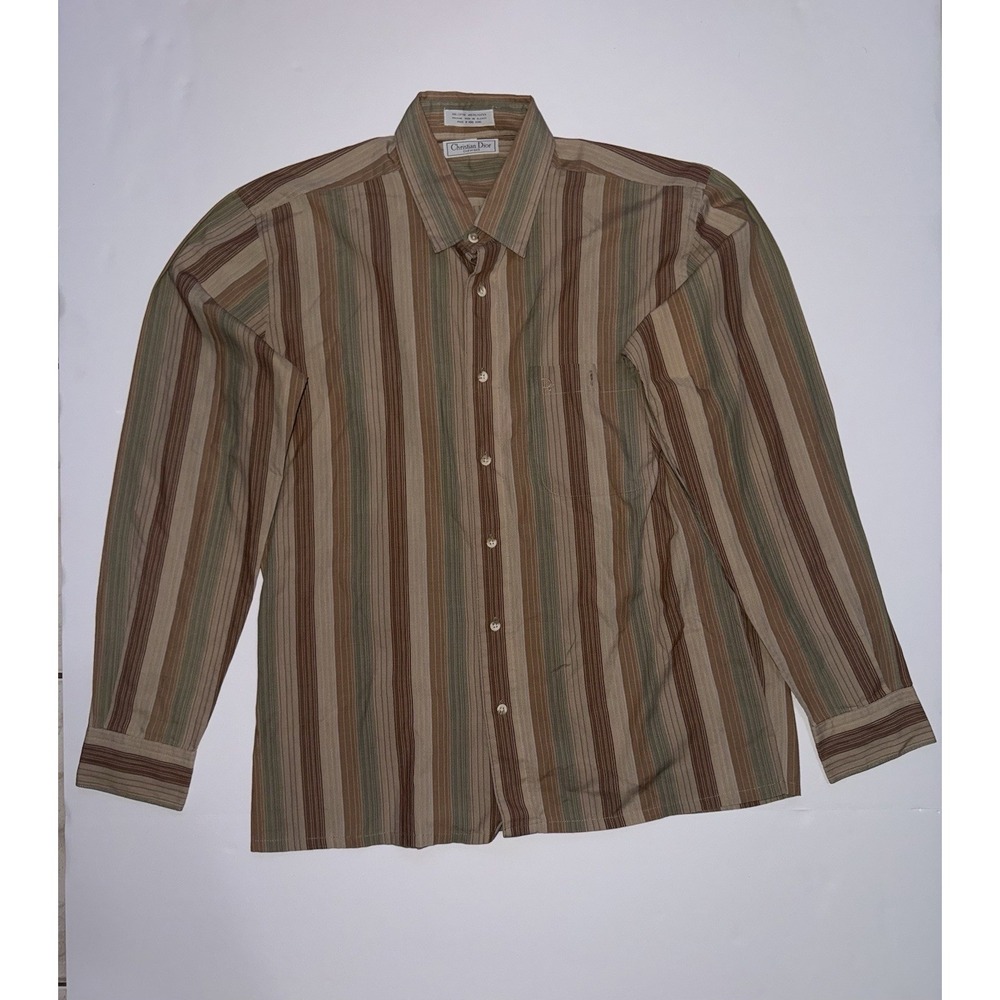 VTG 80s Christian Dior Chemises Button Long Sleeve Shirt Pocket Logo Striped L